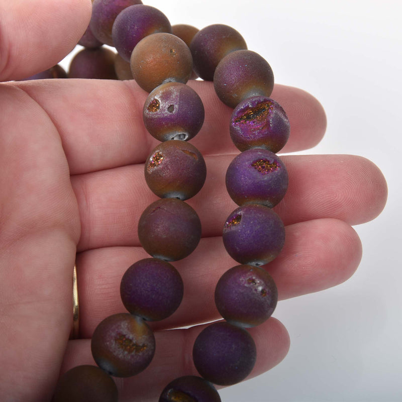 14mm DRUZY Quartz Round Beads, PURPLE IRIS Titanium Coated Geode Round Beads, full strand, 26 beads, gdz0207