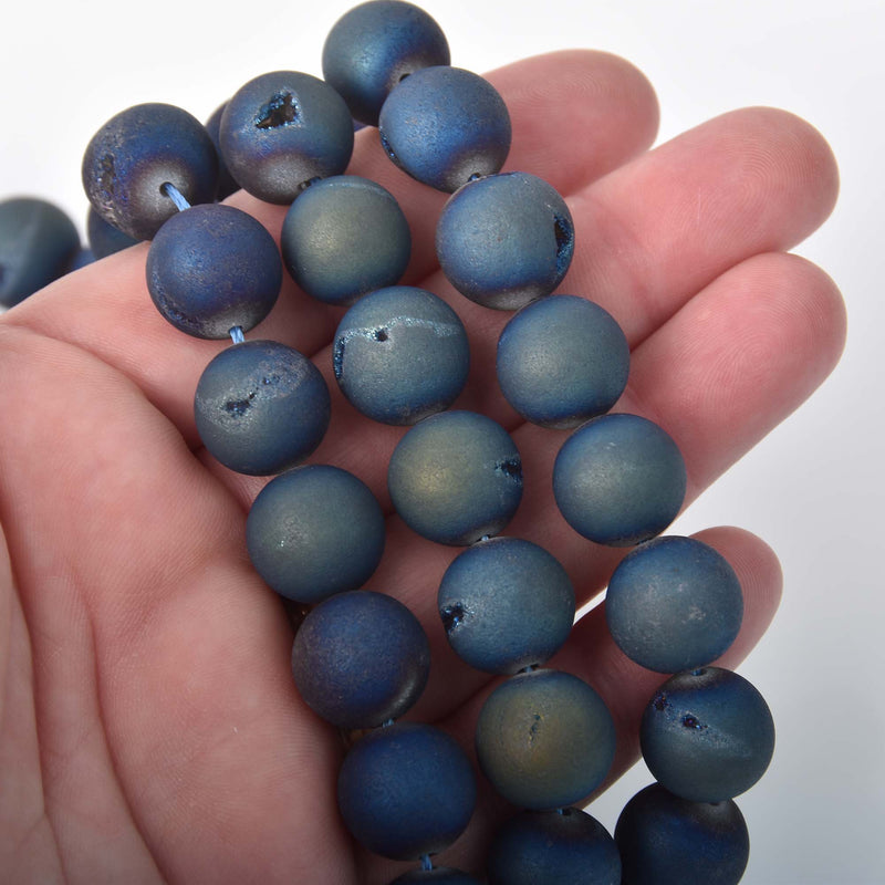 14mm DRUZY Quartz Round Beads, BLUE IRIS Titanium Coated Geode Round Beads, full strand, 26 beads, gdz0212