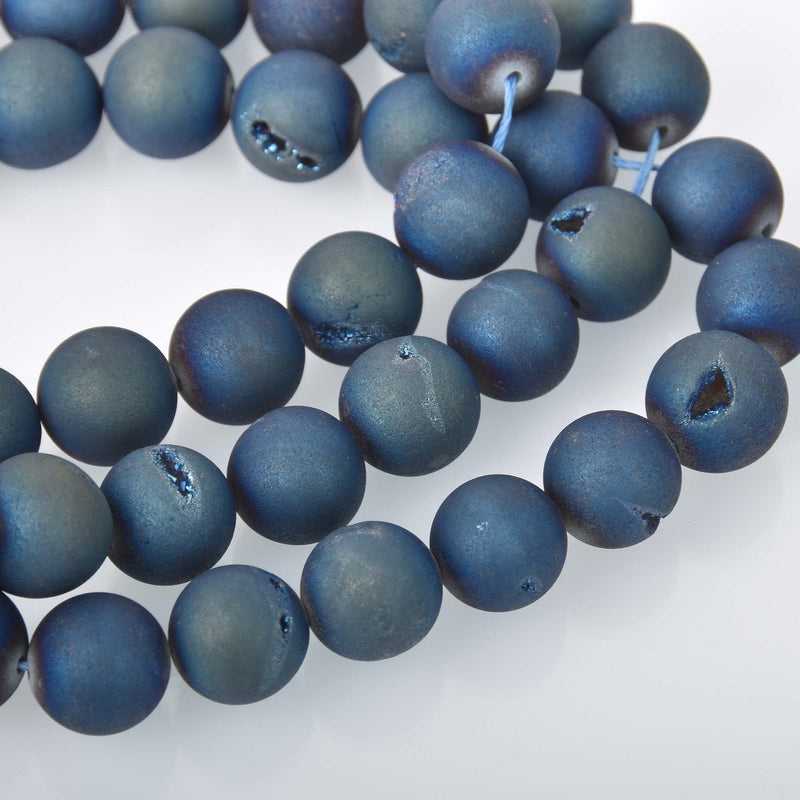 14mm DRUZY Quartz Round Beads, BLUE IRIS Titanium Coated Geode Round Beads, full strand, 26 beads, gdz0212