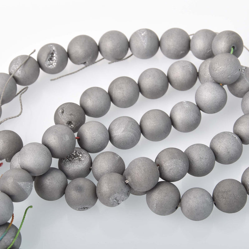 14mm DRUZY Quartz Round Beads, SILVER Geode Round Beads, full strand, 26 beads, gdz0214