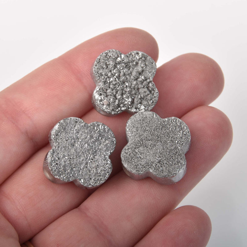 2 DRUZY Beads, Clover Shape, Metallic SILVER with Sparkly Crystals, Natural Druzy Quartz Beads, flat back cabochons,  20mm gdz0224