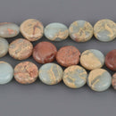 10mm Aqua Terra Jasper Coin Gemstone Beads, light blue and tan, 8.25" strand, gem0952