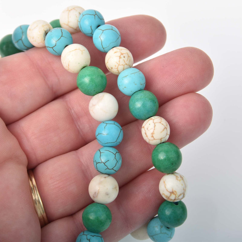 10mm Howlite Stone Beads ROUND Ball, Mixed Colors Turquoise Green White, full strand, 40 beads how0661