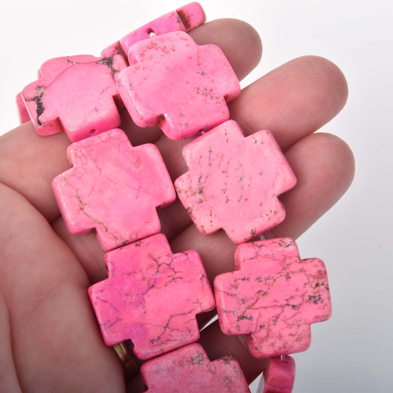 25mm PINK MALTESE Cross Beads, Magnesite Howlite, full strand, 16 beads  how0665