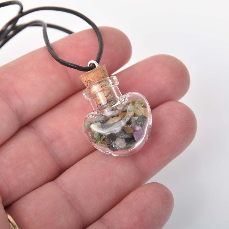 Gemstone Heart Vial Necklace, tourmaline gemstone chips, 18", jlr0309