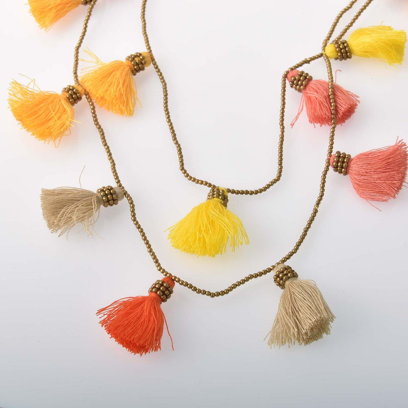 Brass and Tassel Necklace, citrus colors, long double strand, 36", jlr0310