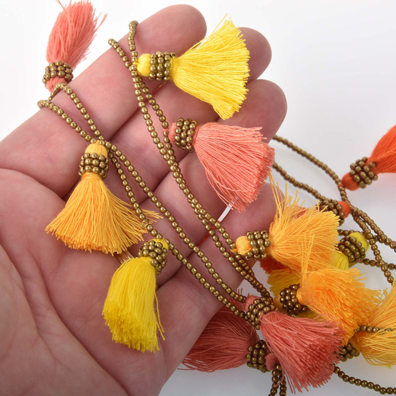 Brass and Tassel Necklace, citrus colors, long double strand, 36", jlr0310