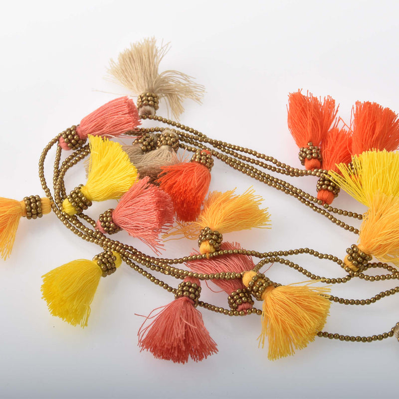 Brass and Tassel Necklace, citrus colors, long double strand, 36", jlr0310