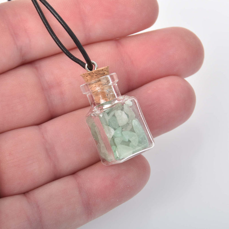 Gemstone Cube Vial Necklace, green aventurine gemstone chips, 18", jlr0311