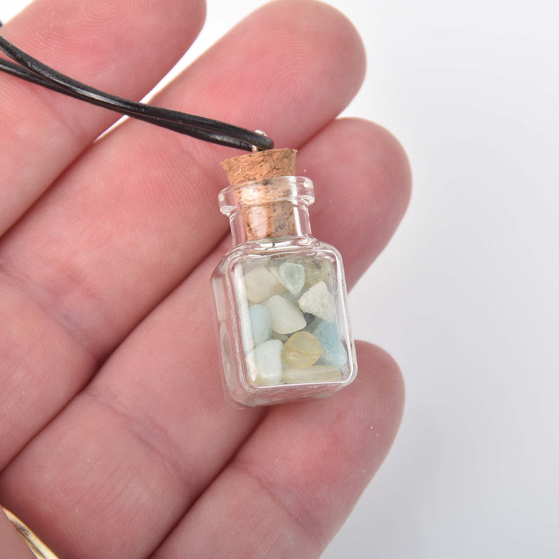 Gemstone Cube Vial Necklace, amazonite gemstone chips, 18", jlr0312