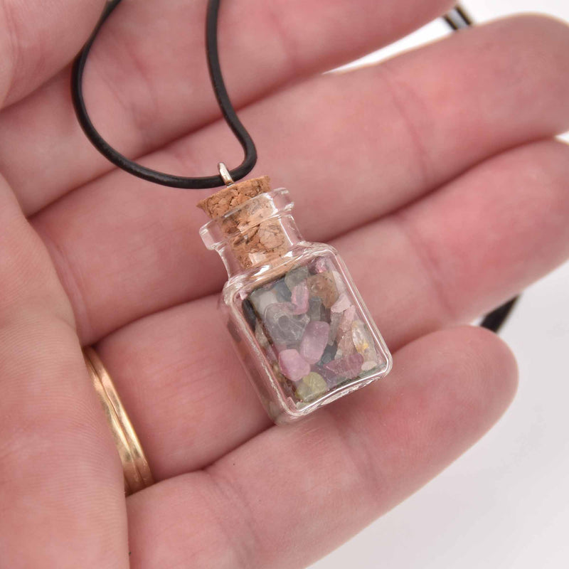 Gemstone Cube Vial Necklace, tourmaline gemstone chips, 18", jlr0313