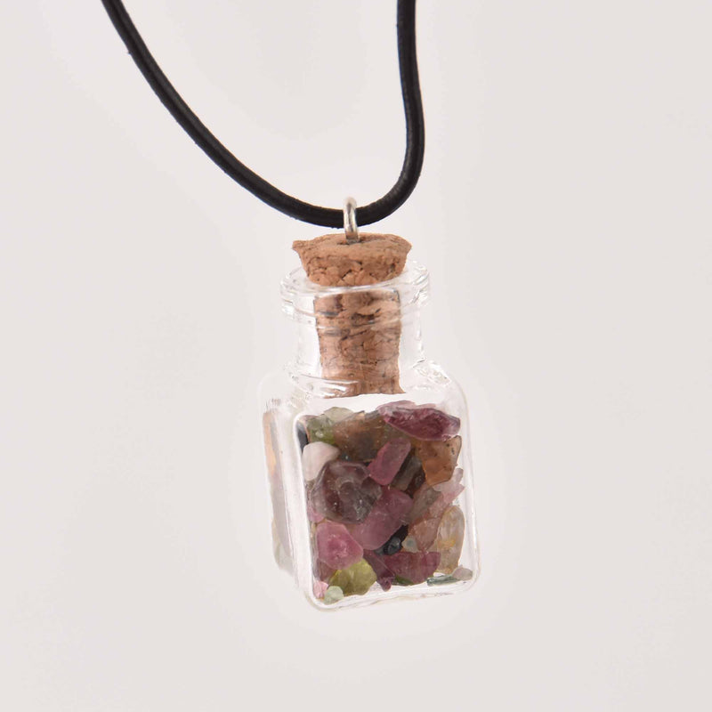 Gemstone Cube Vial Necklace, tourmaline gemstone chips, 18", jlr0313