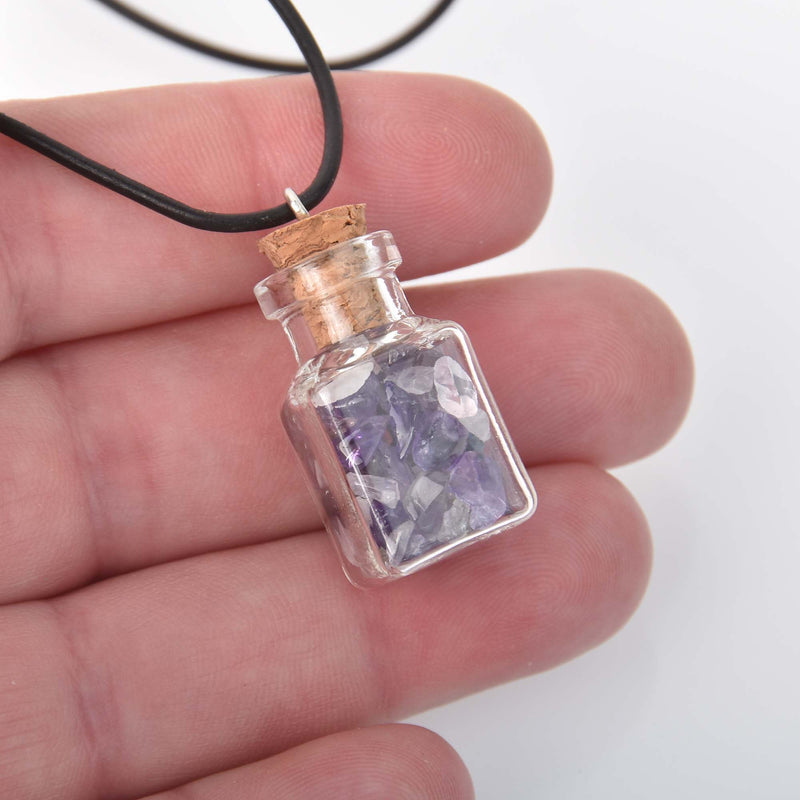 Gemstone Cube Vial Necklace, amethyst gemstone chips, 18", jlr0315