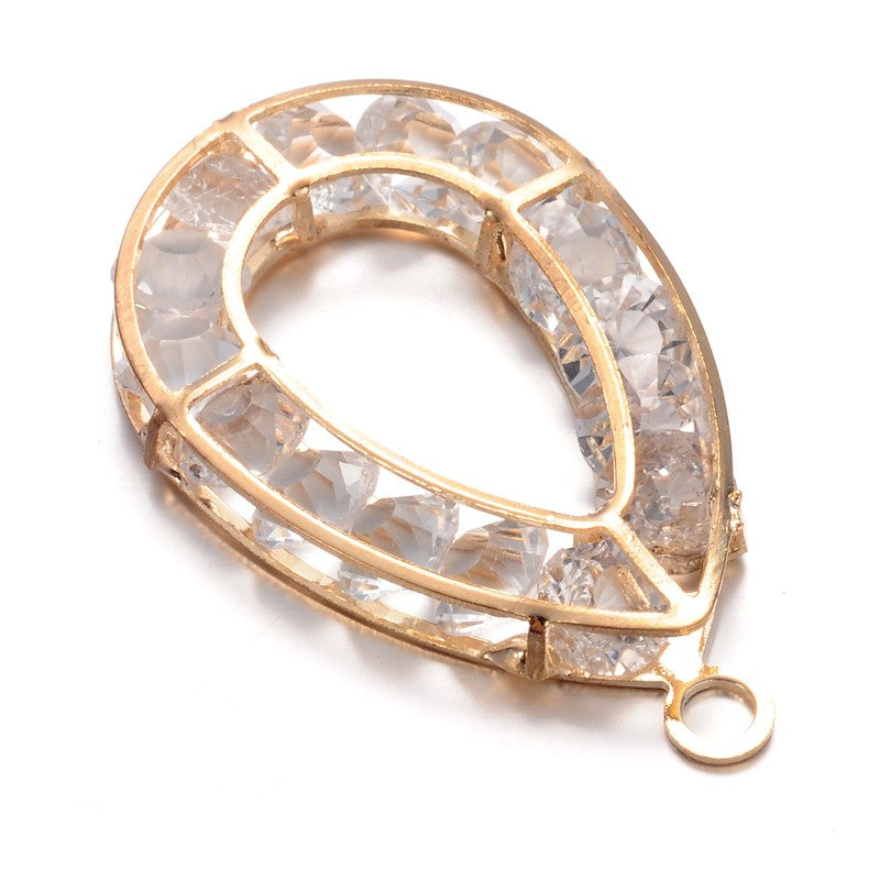 Gold Plated Crystal Cage Charm, Teardrop RHINESTONE Crystal Charm Pendants, minimalist charm, gold chaton charm, 50x32mm, chs3425