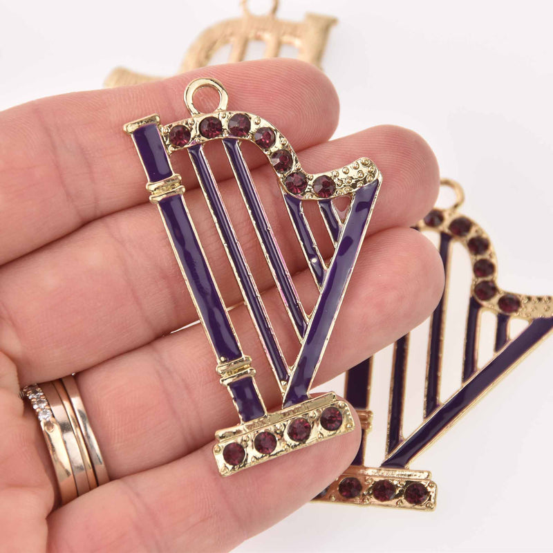 Harp Charms, Purple enamel with crystals, 2.25", chs7784
