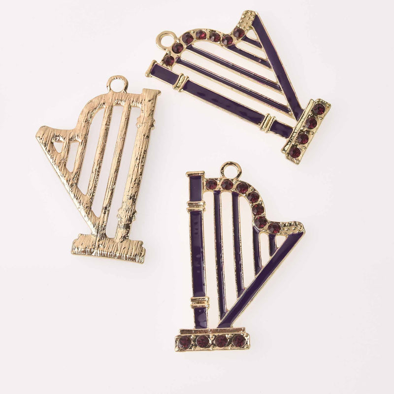 Harp Charms, Purple enamel with crystals, 2.25", chs7784