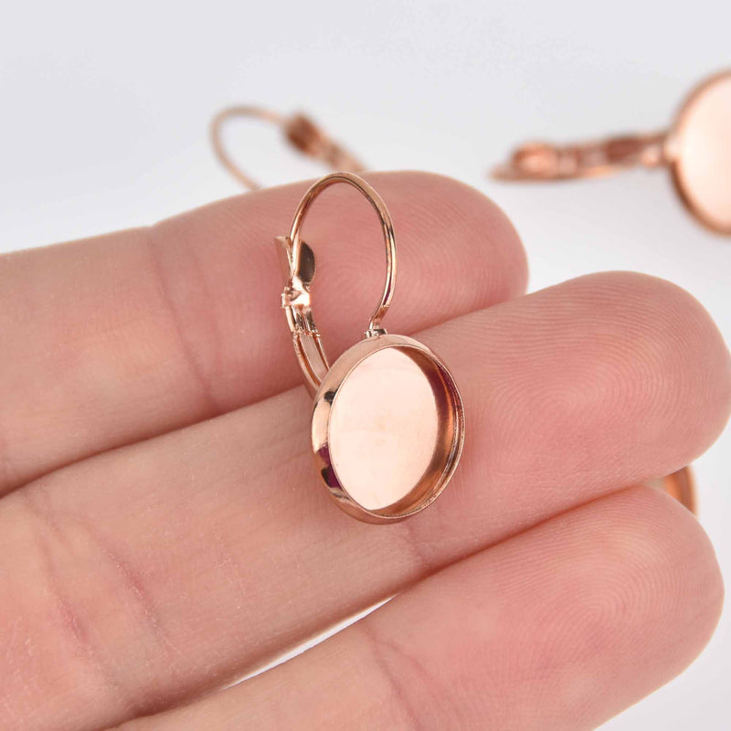 10 copper rose gold bezel earring components, fits 12mm cabochons round, lever back, fin1099