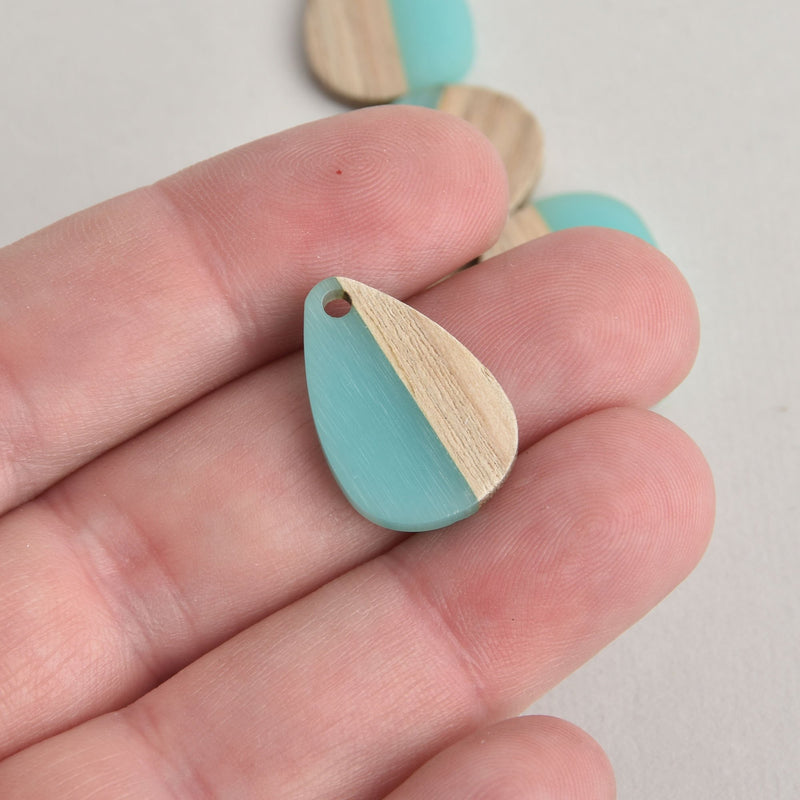 2 Teardrop Charms, Turquoise Blue Resin and Real Wood, 22mm long, chs6642