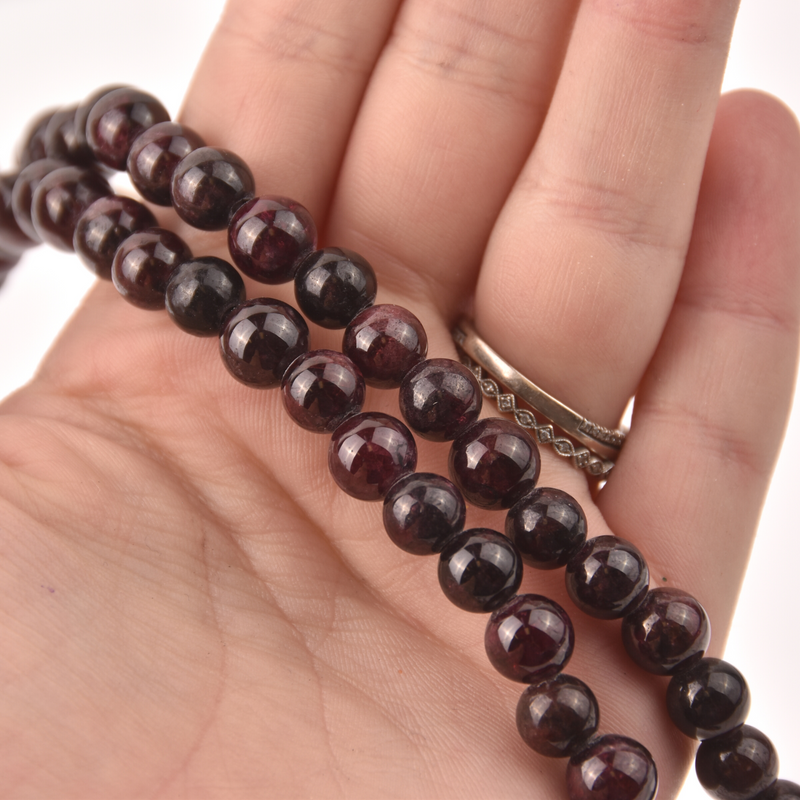 Dark Garnet Half Strand, Large Hole 8mm Round Gemstone Beads, 8" long gem0827