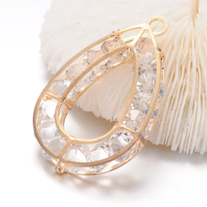 Gold Plated Crystal Cage Charm, Teardrop RHINESTONE Crystal Charm Pendants, minimalist charm, gold chaton charm, 50x32mm, chs3425