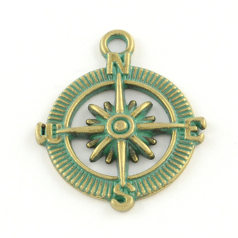 10 Antique Bronze COMPASS Charm Pendants with green verdigris patina, 30mm, chs3378