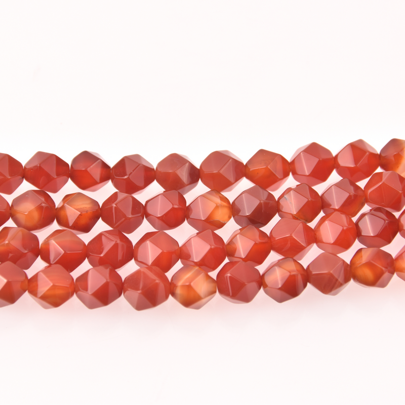 Orange Red Agate Half Strand, Star Cut Faceted 10mm Gemstone Beads, 8" long gem0823