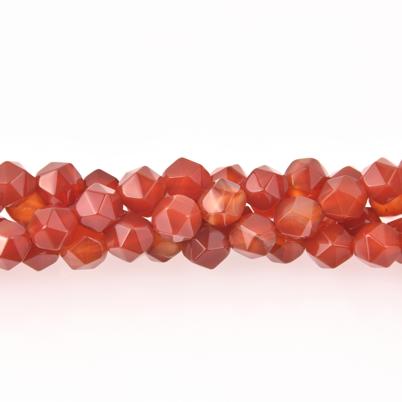 Orange Red Agate Half Strand, Star Cut Faceted 10mm Gemstone Beads, 8" long gem0823