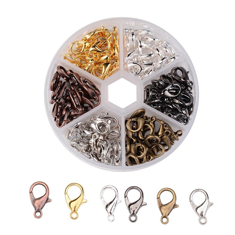 10mm Lobster Clasps, Mixed Metal Colors, Brass Copper Gunmetal Bronze Bright Silver & Silver Tone in Round Storage Box, 240 clasps, fcl0253