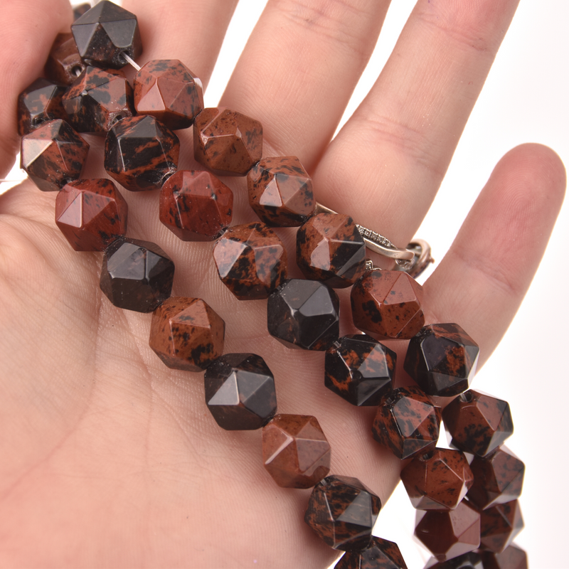 Mahogany Red Obsidian Half Strand, Star Cut Faceted 12mm Gemstone Beads, 8" long gem0825