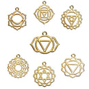 7 Gold CHAKRA Charm Pendants set, one of each design, gold plated meditation yoga charms, 7/8" to 1-1/8" diameter, chg0420