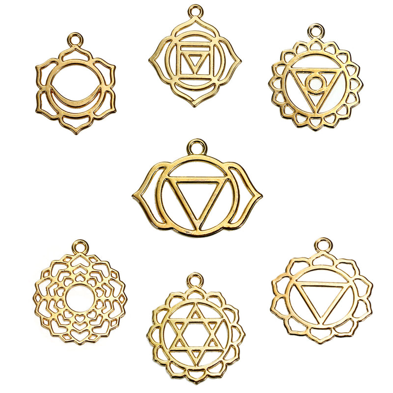 7 Gold CHAKRA Charm Pendants set, one of each design, gold plated meditation yoga charms, 7/8" to 1-1/8" diameter, chg0420