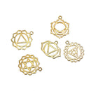 7 Gold CHAKRA Charm Pendants set, one of each design, gold plated meditation yoga charms, 7/8" to 1-1/8" diameter, chg0420