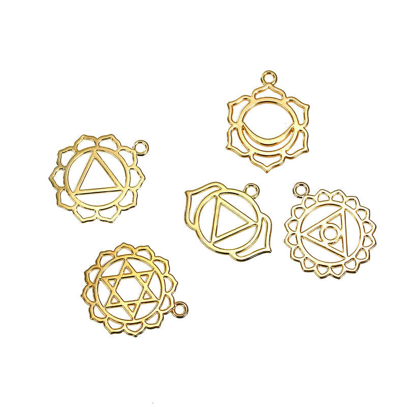 7 Gold CHAKRA Charm Pendants set, one of each design, gold plated meditation yoga charms, 7/8" to 1-1/8" diameter, chg0420