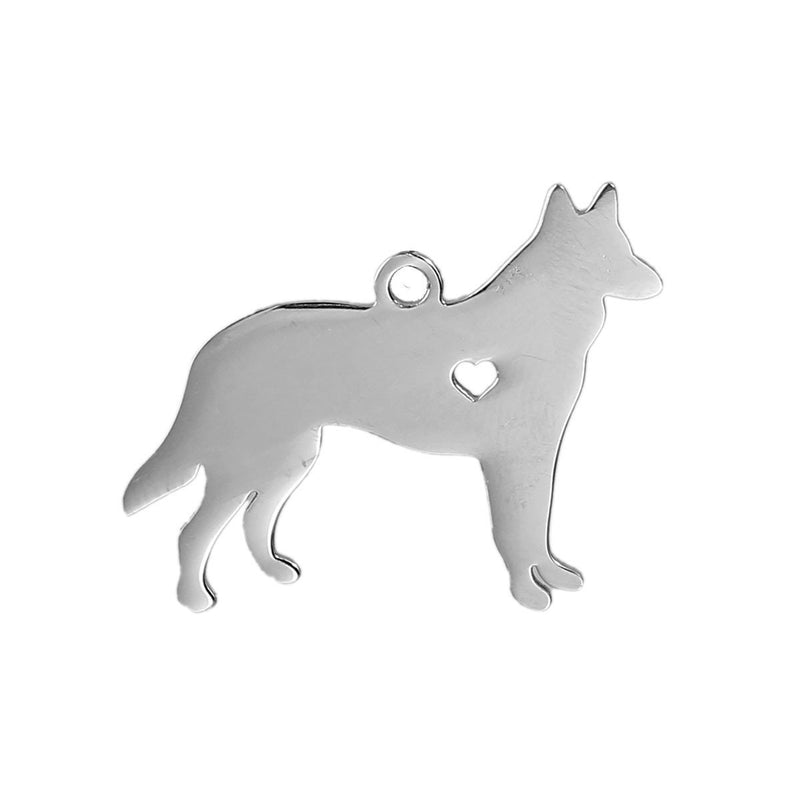 2 Stainless Steel GERMAN SHEPHERD Charm Pendants, Dog Shape Charms, Design Metal Stamping Blanks 30x23mm, 15 gauge, chs2481