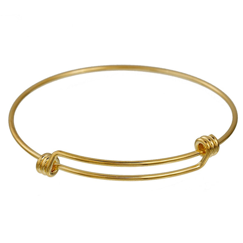 5 GOLD Bangle Charm Bracelet, triple wrap adjustable size, expandable, fits medium to large wrist, thick 14 gauge, 8-1/4", fin0580