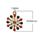 5 RED and GREEN POINSETTIA Flower Christmas Charms or Pendants, Snowflake, Gold Plated with enamel, 7/8", chg0432