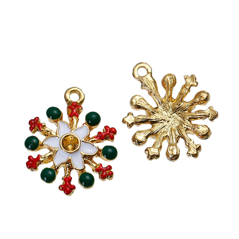 5 RED and GREEN POINSETTIA Flower Christmas Charms or Pendants, Snowflake, Gold Plated with enamel, 7/8", chg0432