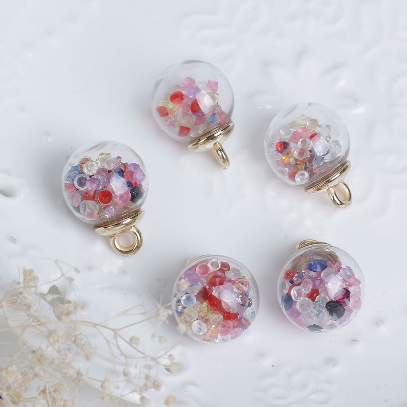 5 Glass Ball Charms, round globe glass vial with sparkly RAINBOW CRYSTALS, gold bail top, 22x16mm, chs3500