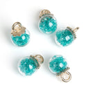 5 Glass Ball Charms, round globe glass vial with sparkly TEAL CRYSTALS, gold bail top, 22x16mm, chs3499