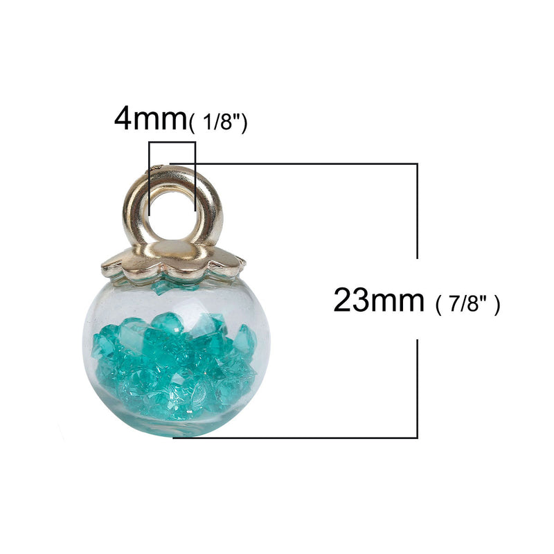 5 Glass Ball Charms, round globe glass vial with sparkly TEAL CRYSTALS, gold bail top, 22x16mm, chs3499