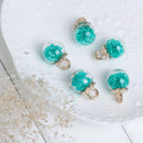 5 Glass Ball Charms, round globe glass vial with sparkly TEAL CRYSTALS, gold bail top, 22x16mm, chs3499