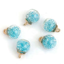 5 Glass Ball Charms, round globe glass vial with sparkly TURQUOISE BLUE CRYSTALS, gold bail top, 22x16mm, chs3507