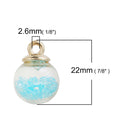 5 Glass Ball Charms, round globe glass vial with sparkly TURQUOISE BLUE CRYSTALS, gold bail top, 22x16mm, chs3507