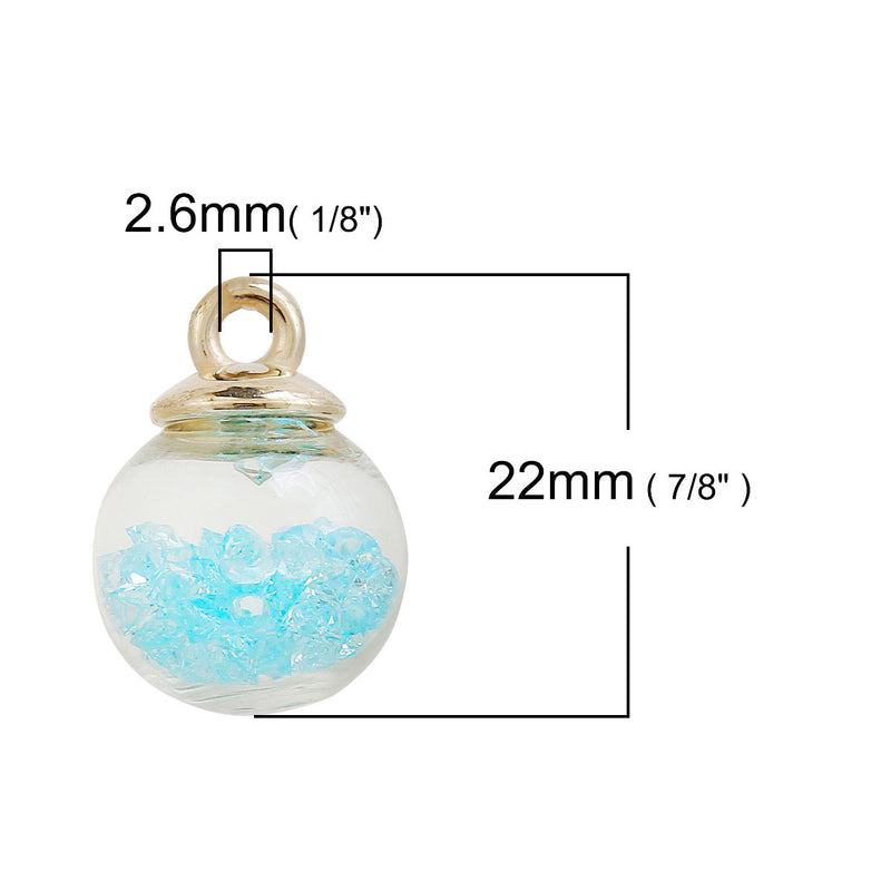5 Glass Ball Charms, round globe glass vial with sparkly TURQUOISE BLUE CRYSTALS, gold bail top, 22x16mm, chs3507