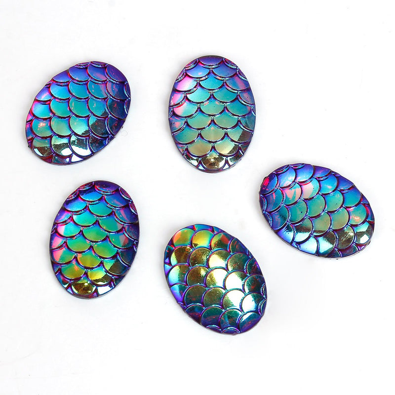 10 Oval Resin MERMAID FISH SCALE Cabochons, Rainbow Iridescent Purple, faux druzy, 18x13mm, cab0505a