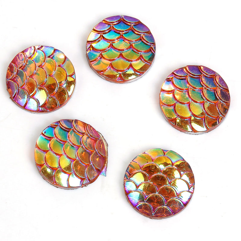 12mm MERMAID FISH Scale Cabochons, Round Resin Metallic, Peach AB iridescent, 10 pieces, 1/2", cab0499a