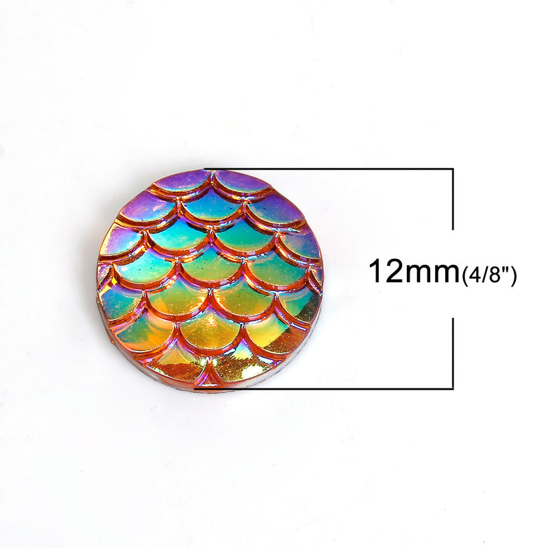 12mm MERMAID FISH Scale Cabochons, Round Resin Metallic, Peach AB iridescent, 10 pieces, 1/2", cab0499a