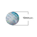10 MERMAID Fish Scales Glass Dome Cabochons, Iridescent White, Round Glass Dome Seals Cabochons, 10mm  (about 3/8" diameter),  cab0513