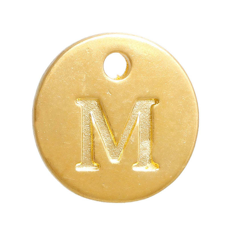 10 Letter M Alphabet Charms Gold Plated Monogram, double sided round disc letter charms, dot charms, 12mm, (1/2"), chs5064