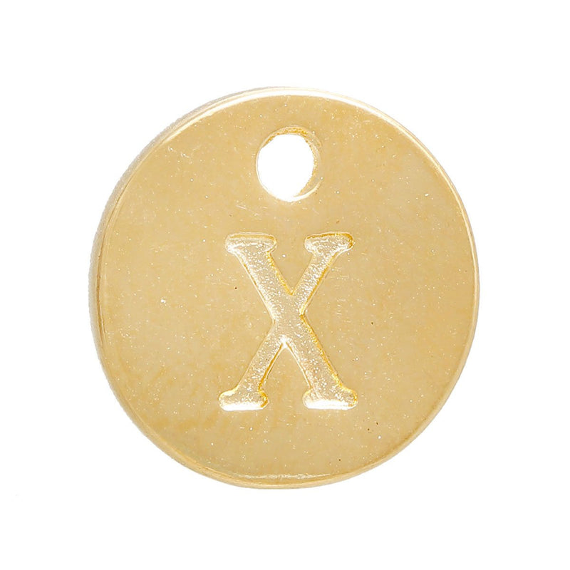 10 Letter X Alphabet Charms Gold Plated Monogram, double sided round disc letter charms, dot charms, 12mm, (1/2"), chs5063